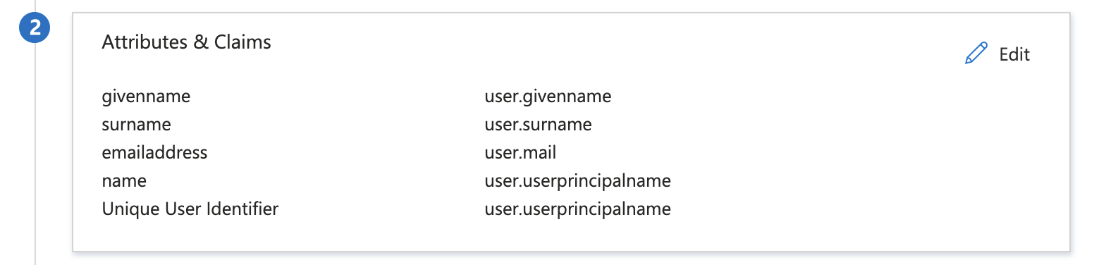 Microsoft Entra attributes and claims configuration showing email, first, and last name mappings