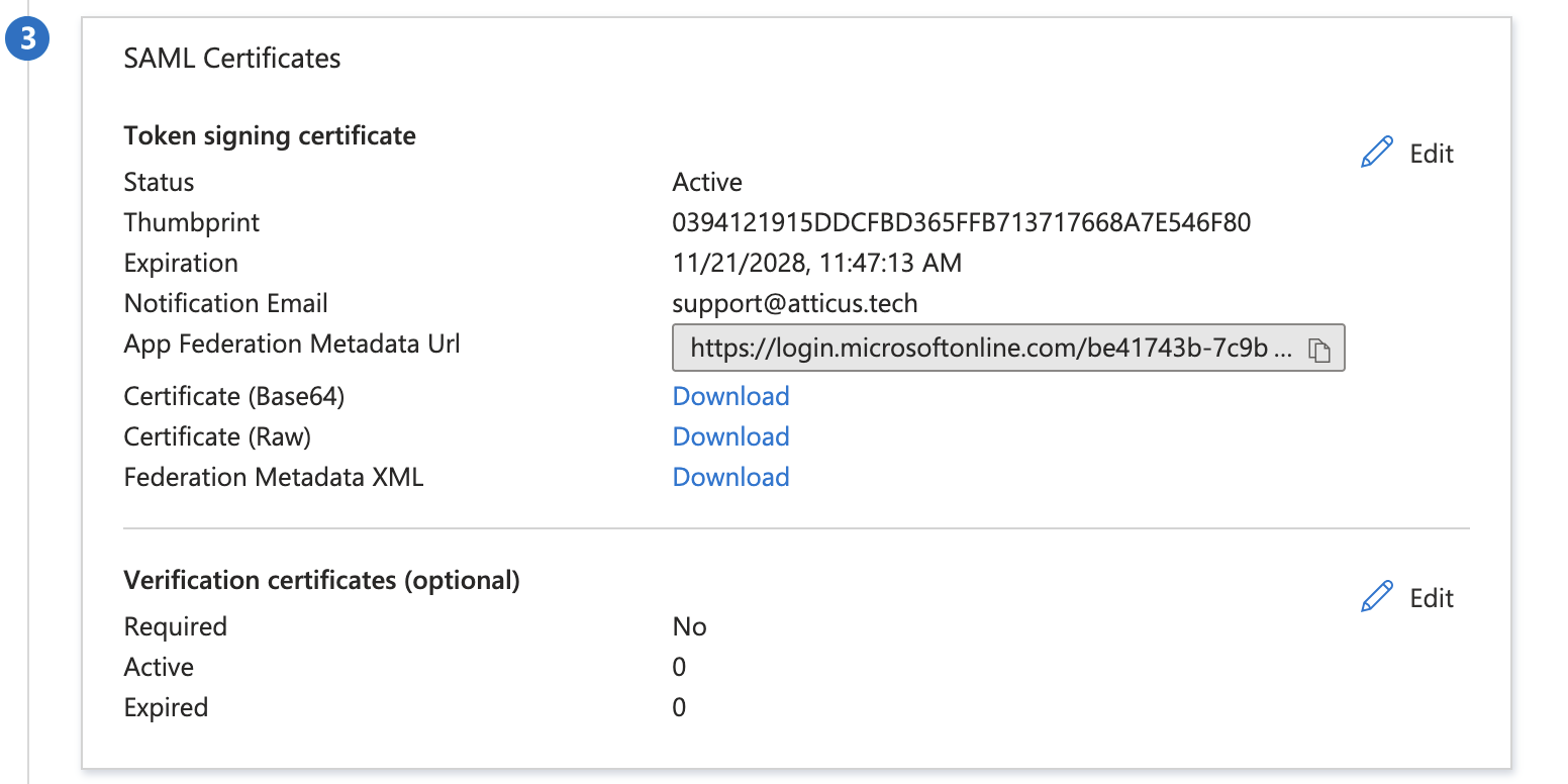 Microsoft Entra SAML certificates section showing Federation Metadata XML download option