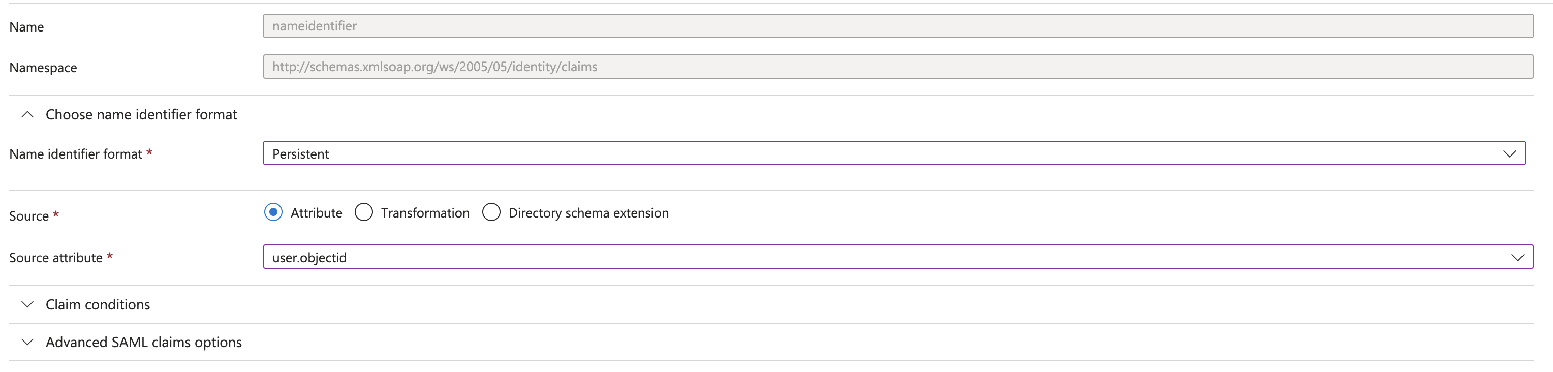 Microsoft Entra Name ID attribute configuration