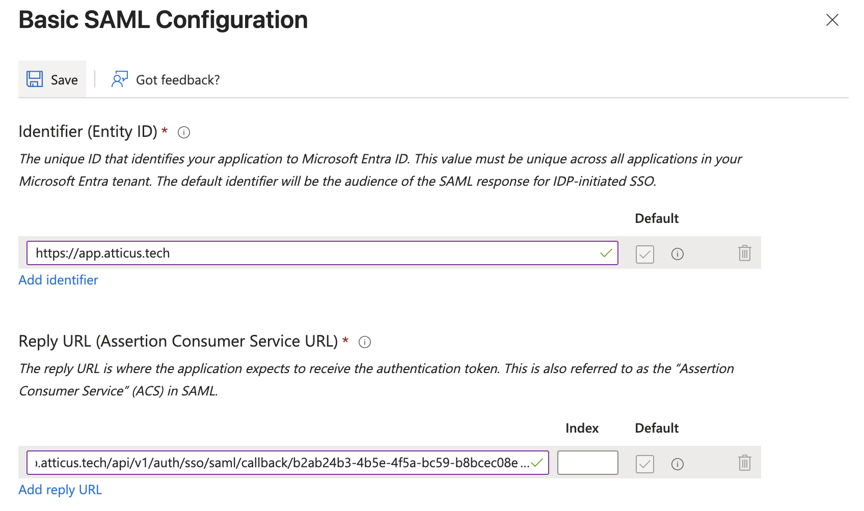 Microsoft Entra SAML configuration panel showing Entity ID and Reply URL fields