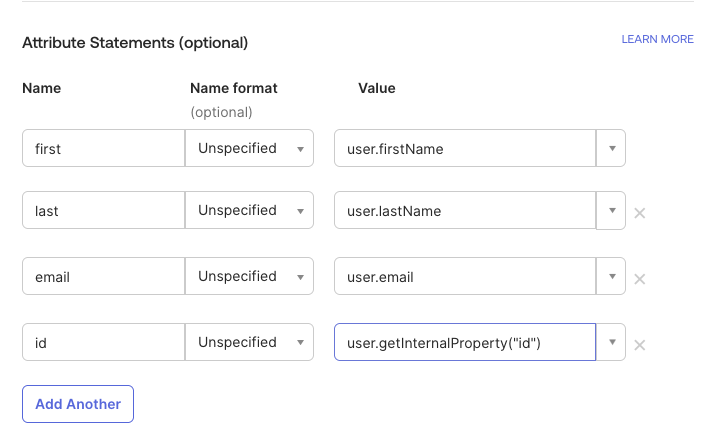 Okta attribute statements configuration showing first, last, and email attributes