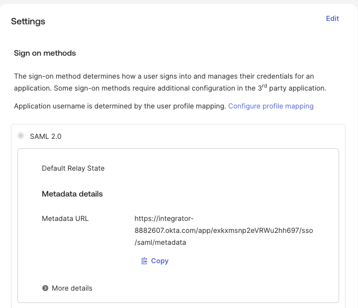Okta metadata details section showing the Metadata URL
