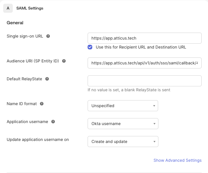Okta SAML configuration page showing Single sign-on URL and Audience URI fields