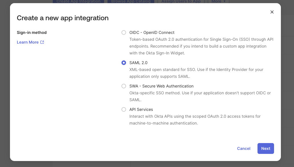 Okta create app type selection modal showing SAML 2.0 option
